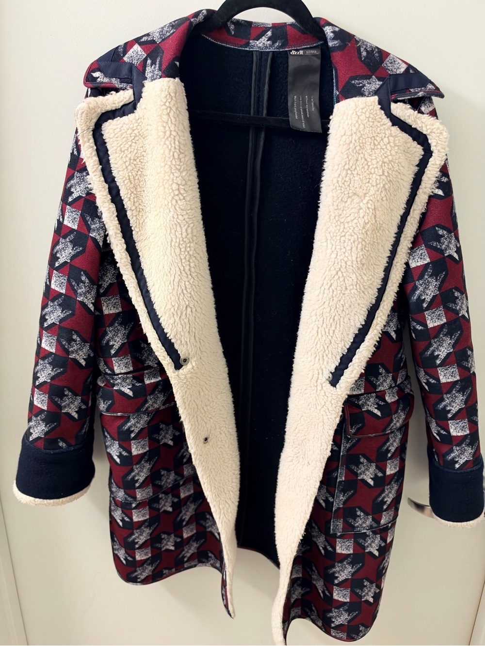 Patterned Burgundy Faux-Shearling Trench Coat